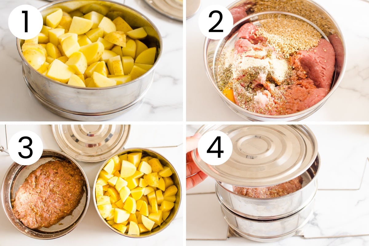 Step by step process how to prepare instant pot meatloaf and potatoes for cooking.