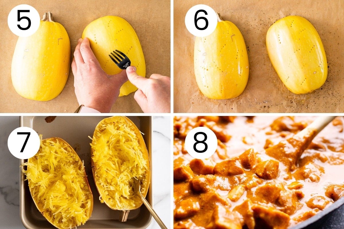 Step by step process how to roast spaghetti squash and make butter chicken sauce.