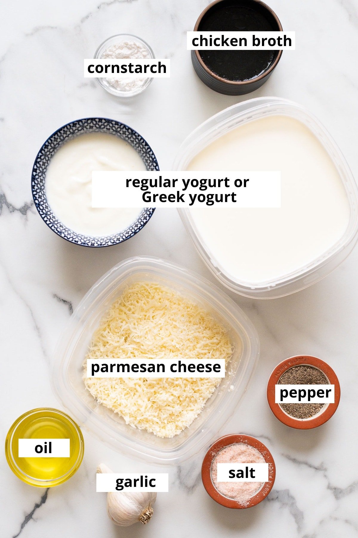 Regular yogurt, Greek yogurt, chicken broth, cornstarch, parmesan cheese, oil, garlic, salt and pepper.