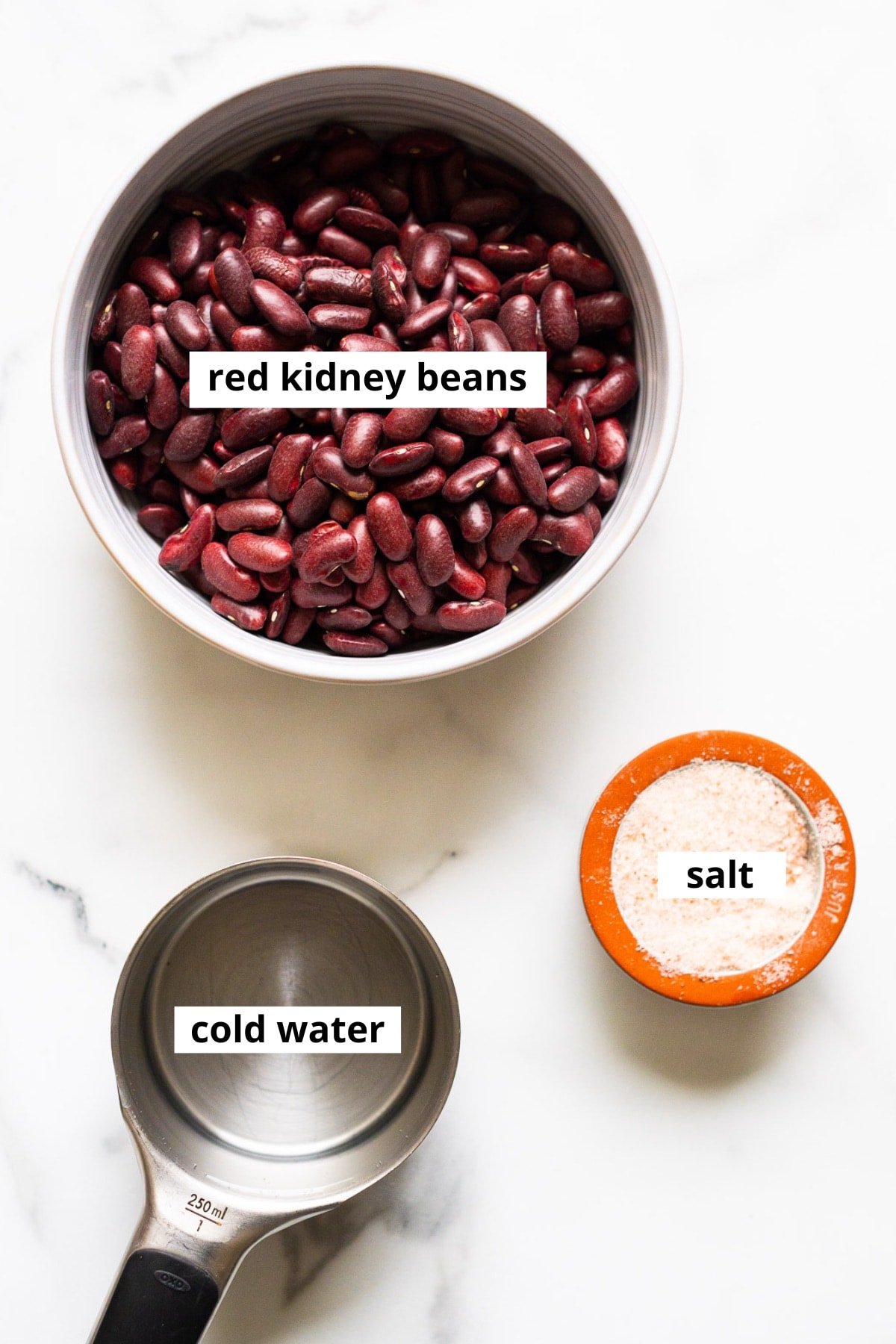 Dried red kidney beans, water and salt.