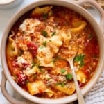 Instant Pot lasagna soup in a bowl with spoon.