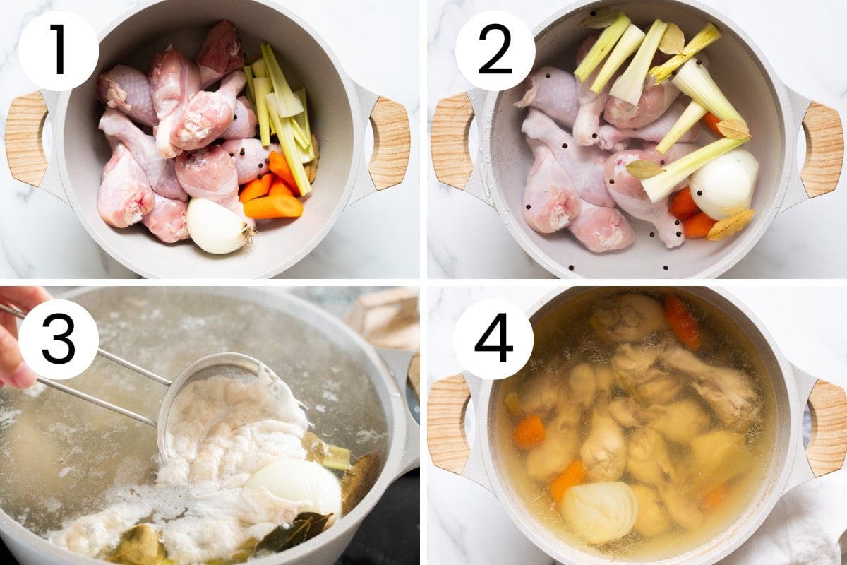 Step by step process how to cook chicken broth in a pot.