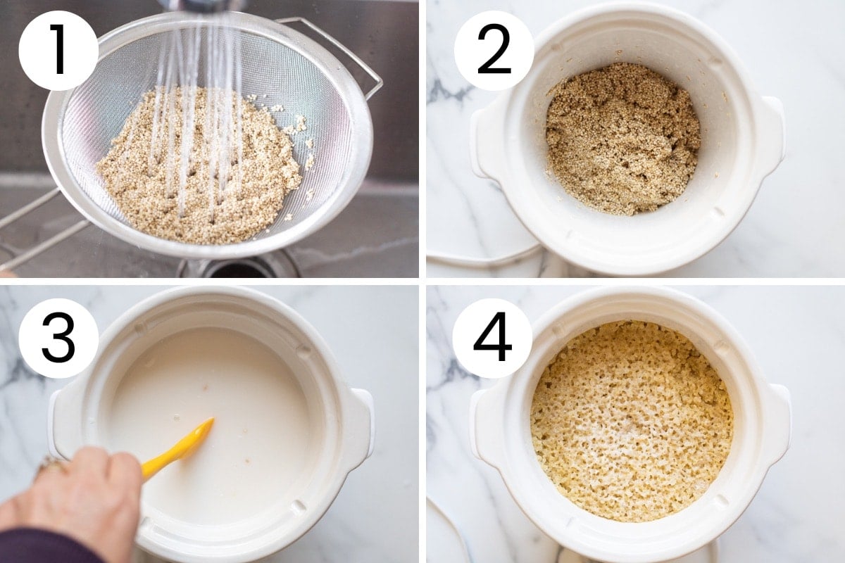 Step is the process how to rinse quinoa and cook it for breakfast in slow cooker.