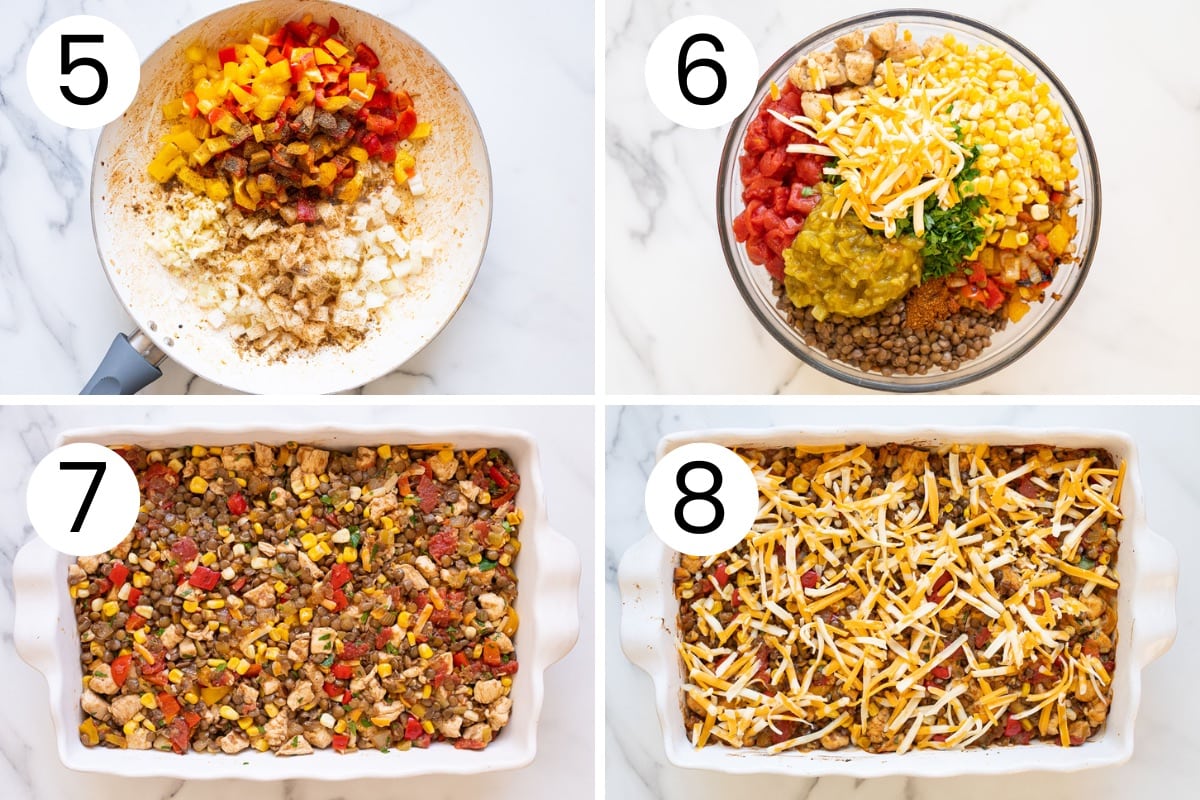 Step by step process how to mix and bake chicken and lentils casserole with cheese.