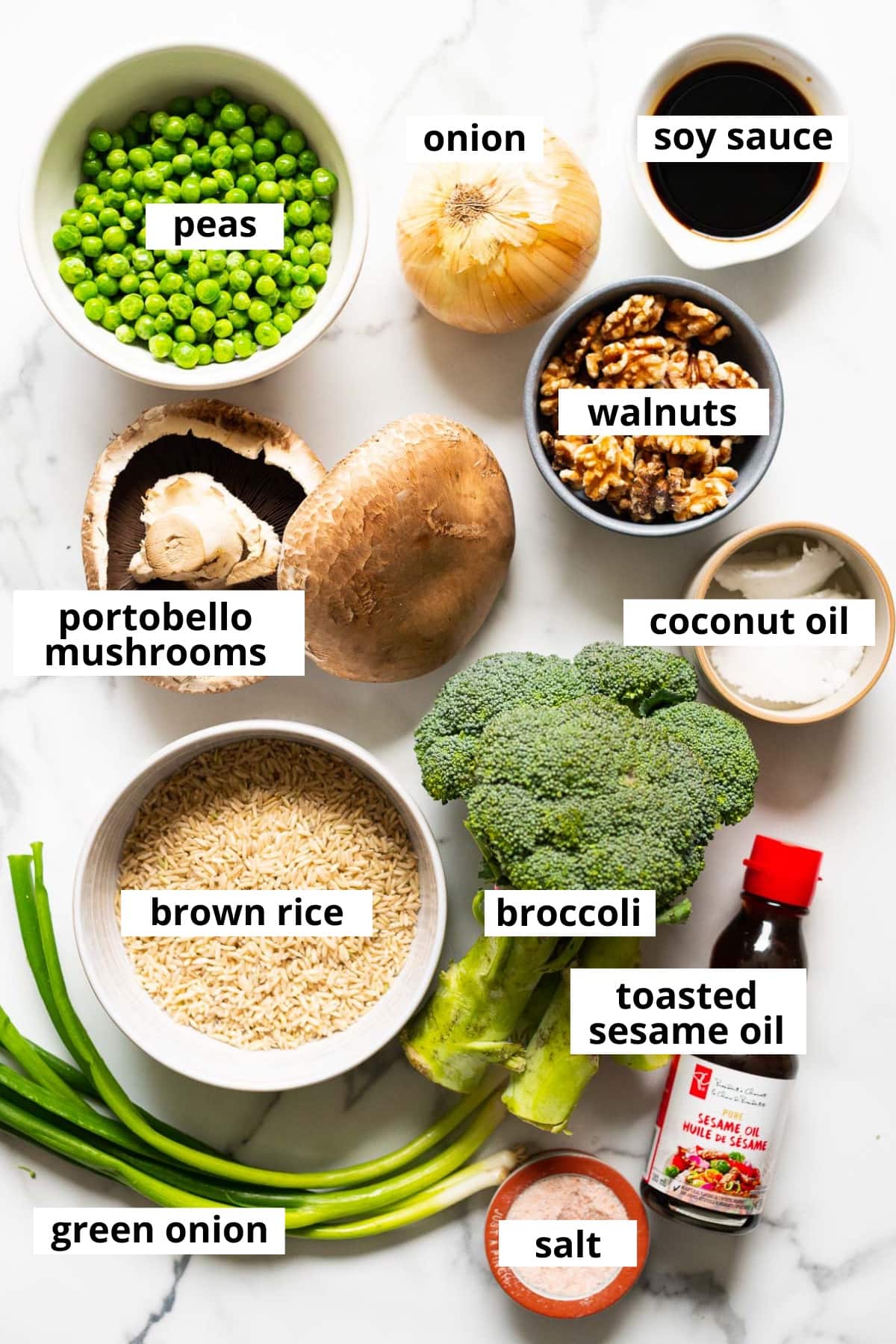 Peas, onion, soy sauce, walnuts, portobello mushrooms, coconut oil, broccoli, brown rice, toasted sesame oil, green onion, salt.