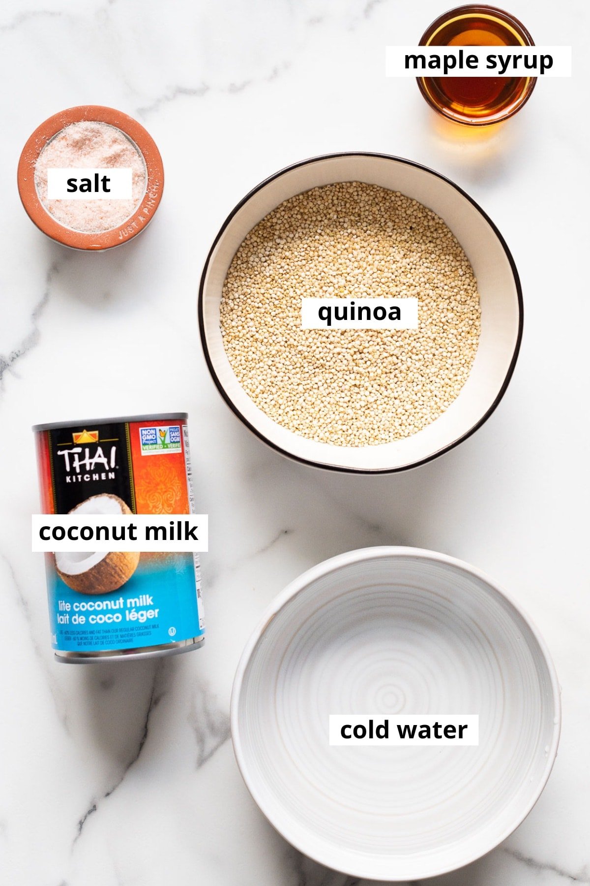 Quinoa, coconut milk, water, maple syrup, salt.