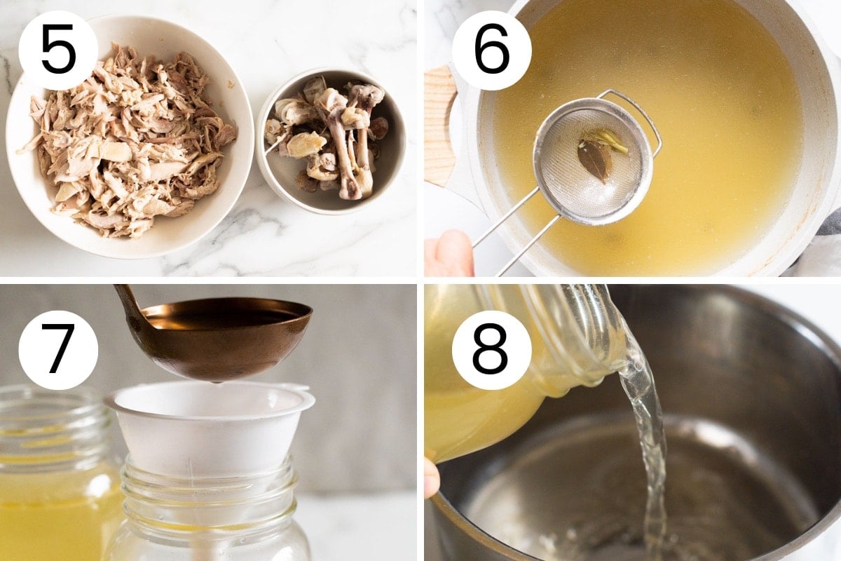 Step by step process how to separate meat and prepare chicken broth for storage and cooking.