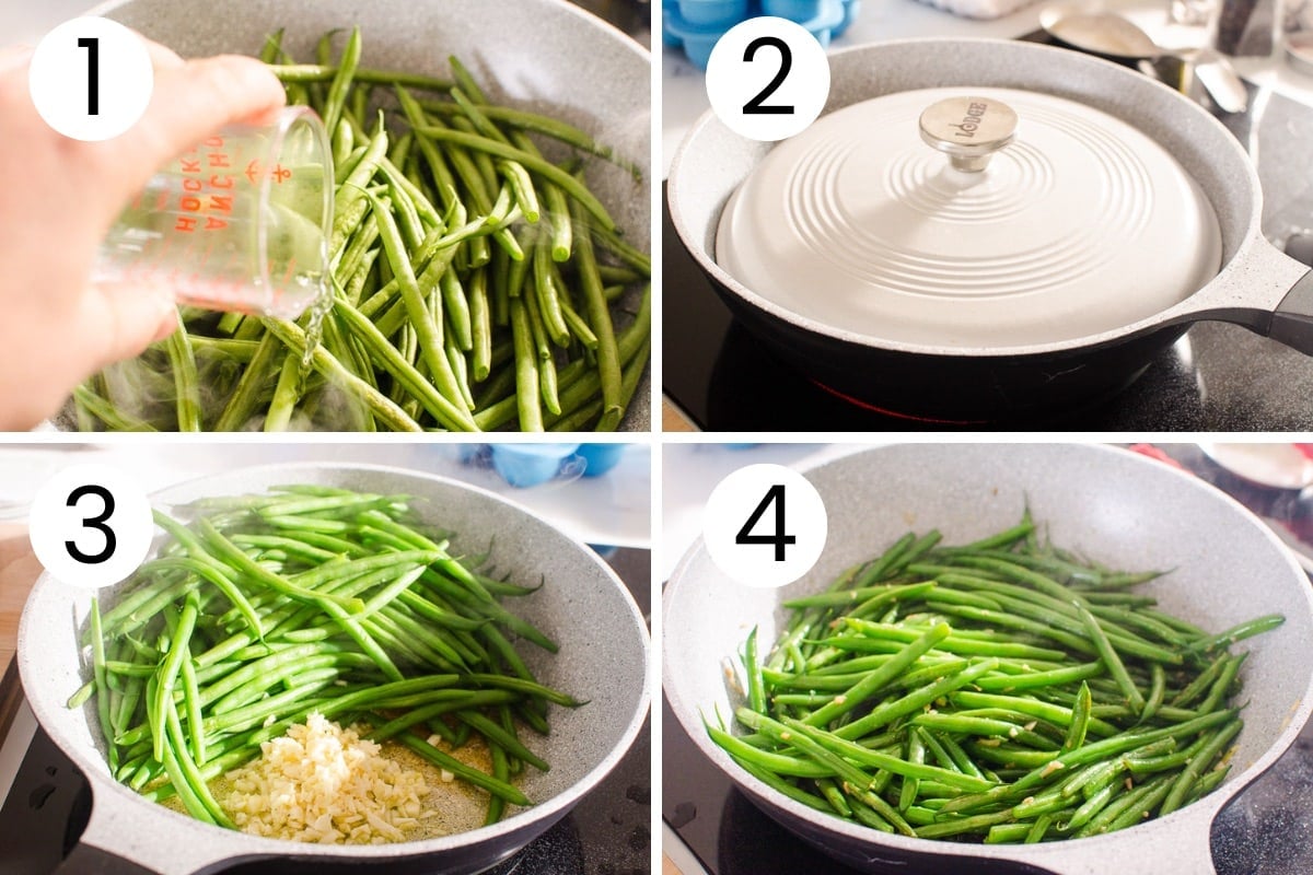 Step by step process how to cook greens beans with garlic in a skillet.