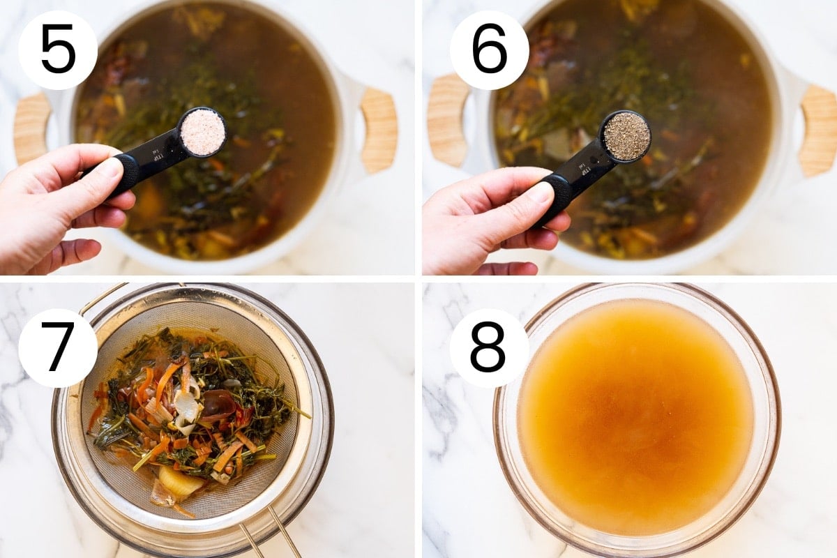 Step by step process how to season and strain vegetable broth.