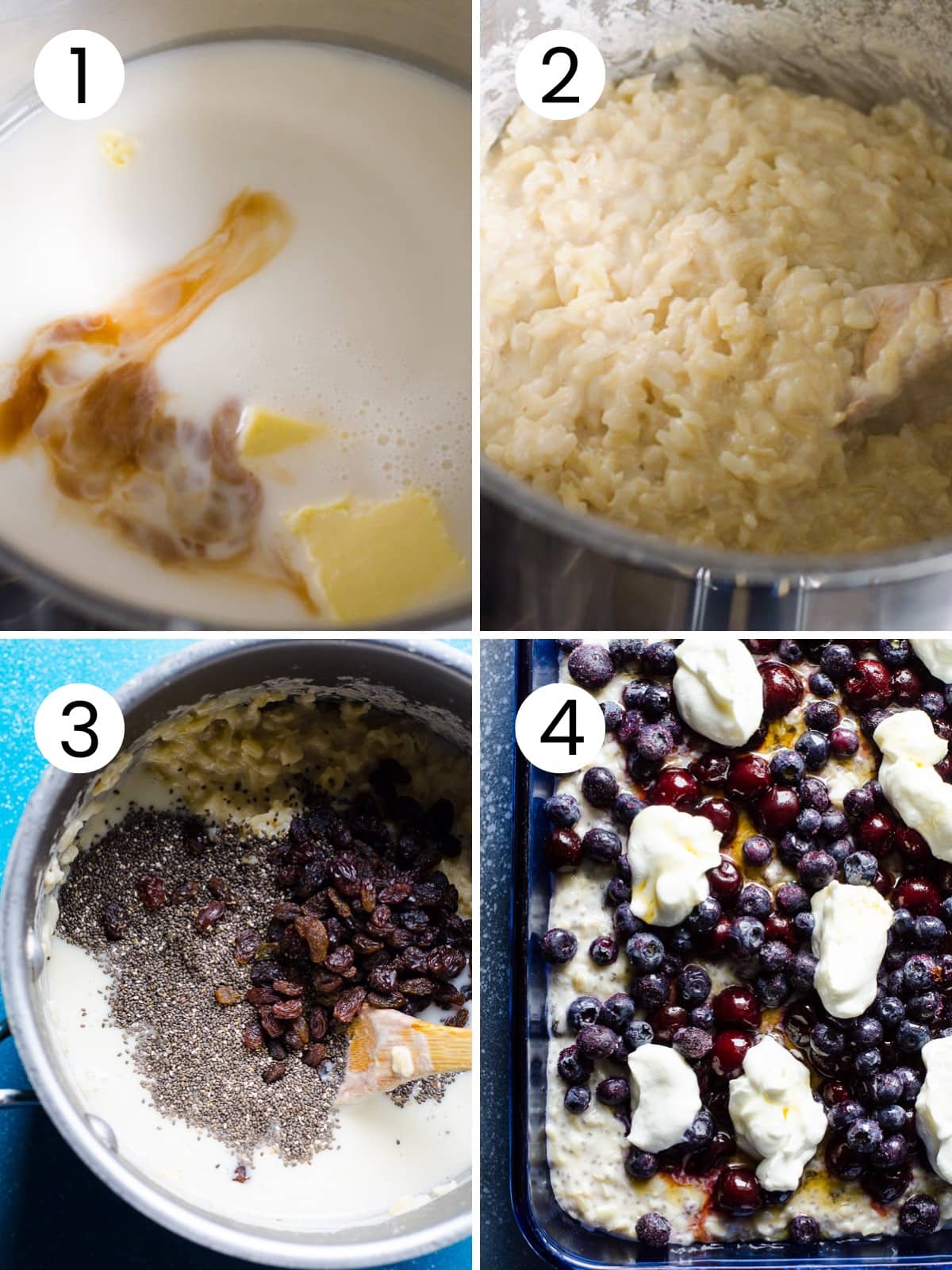 Step by step process how to make brown rice pudding.