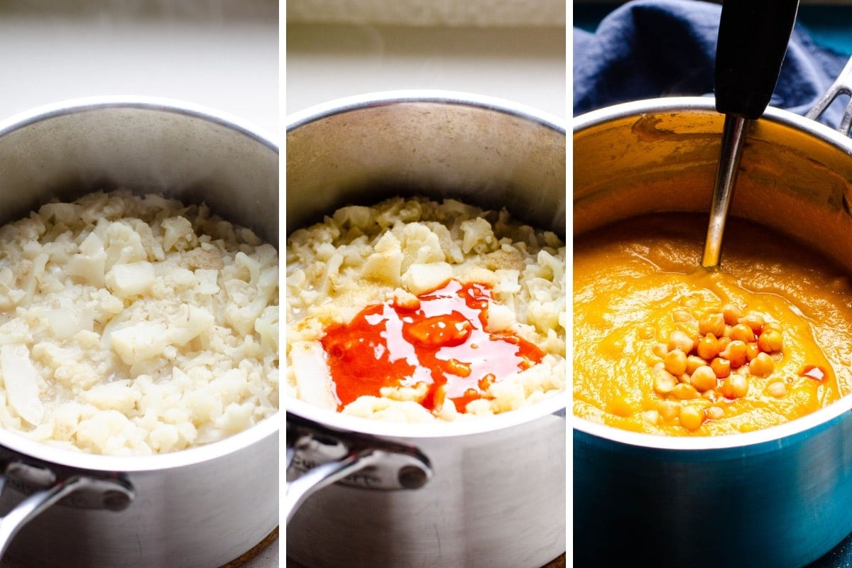 Step by step process how to make buffalo cauliflower soup in a pot.
