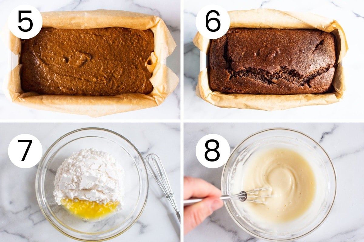 Step by step process how to bake gingerbread loaf and make an icing glaze for it.