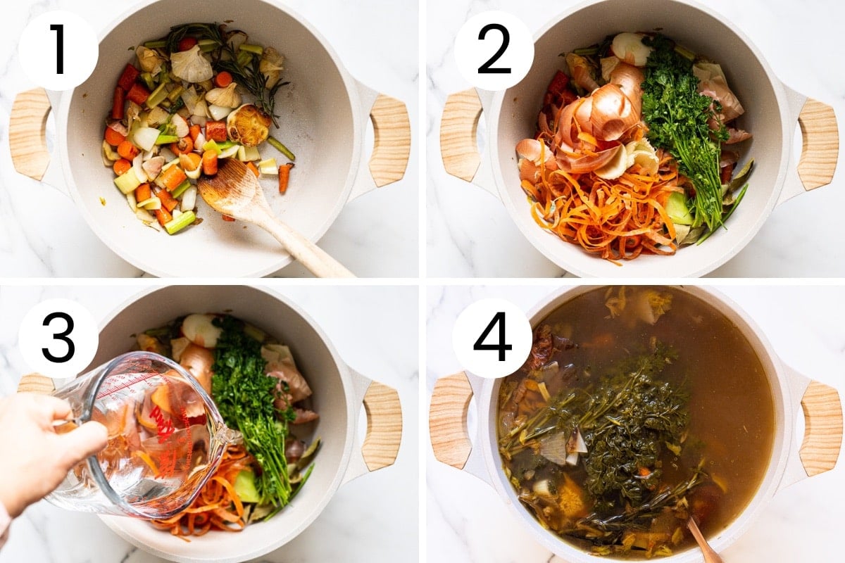 Step by step process how to saute vegetables and make vegetable broth with them.