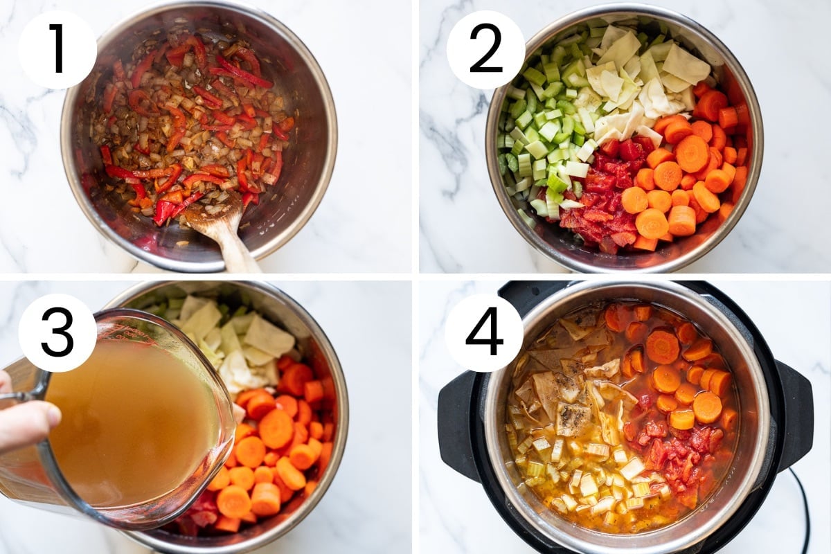 Step by step process how to saute the veggies and add all ingredients to instant pot to make cabbage soup.