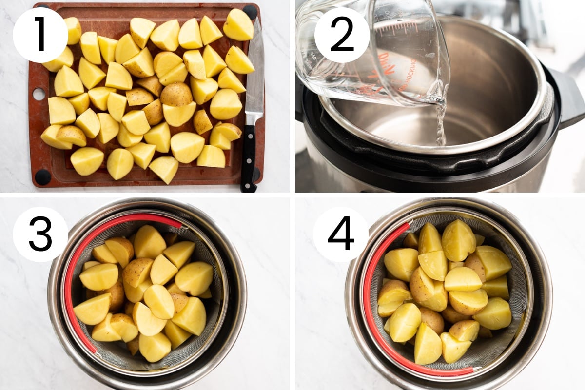 Step by step process how to prep potatoes and instant pot for making instant pot potatoes recipe.