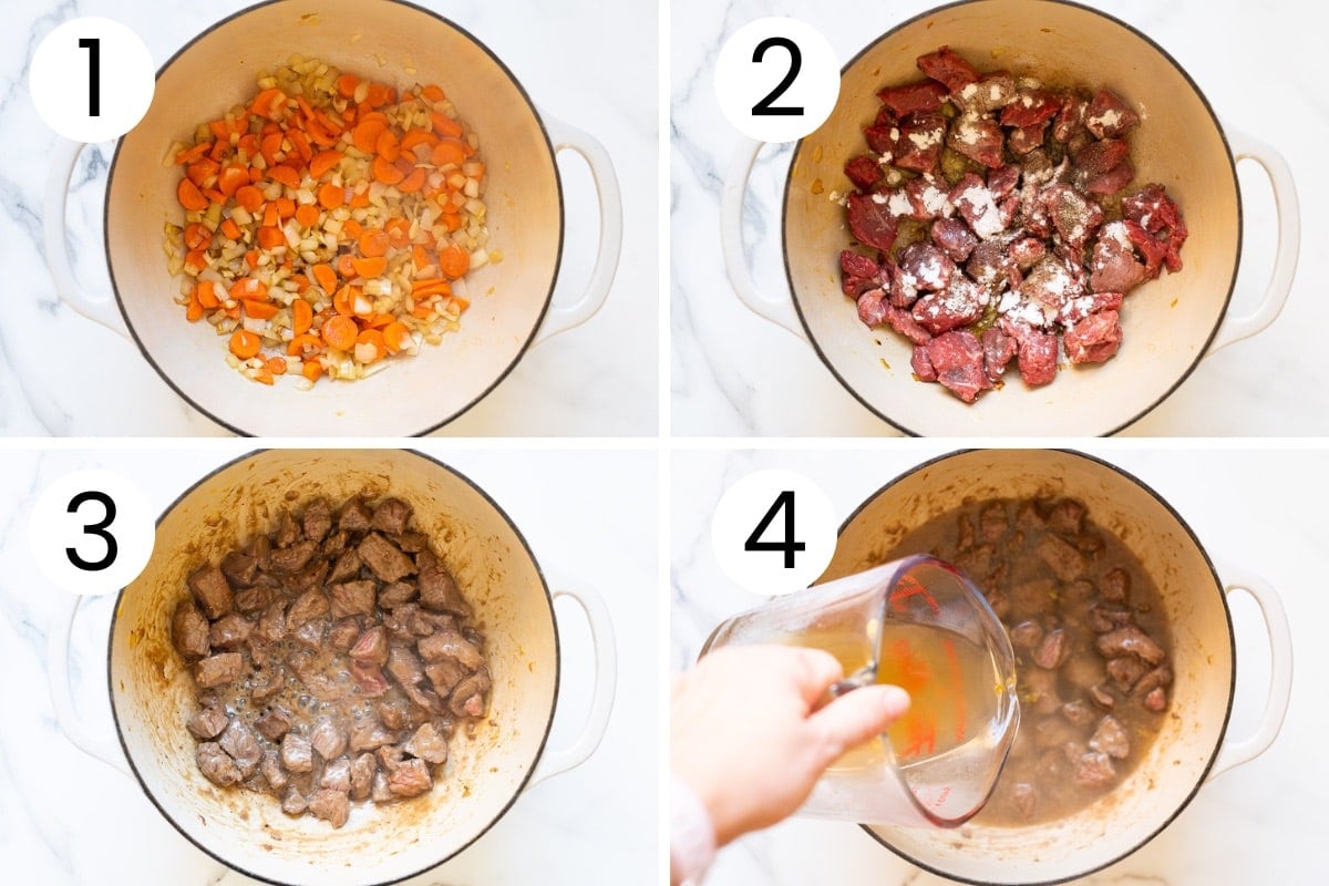Step by step process how to saute vegetables and beef for quinoa stew.