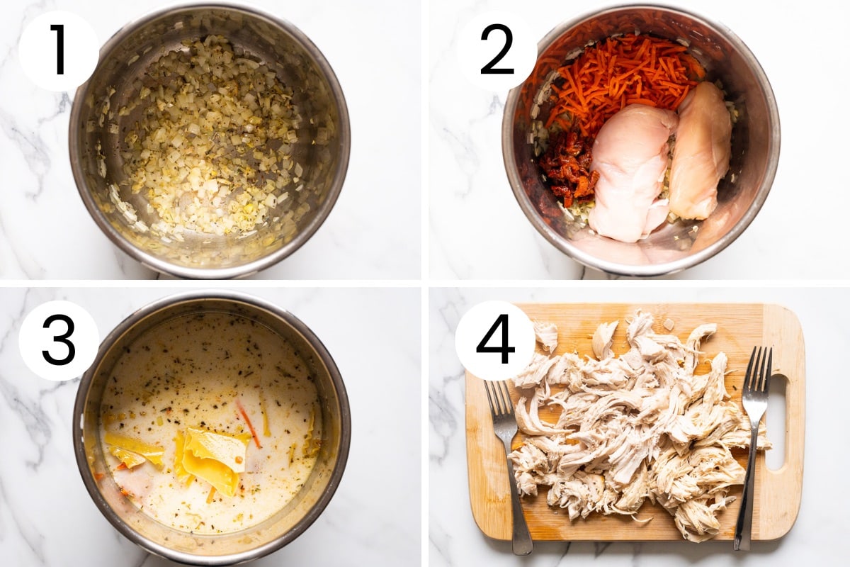 Step by step process how to make white chicken lasagna soup in instant pot.