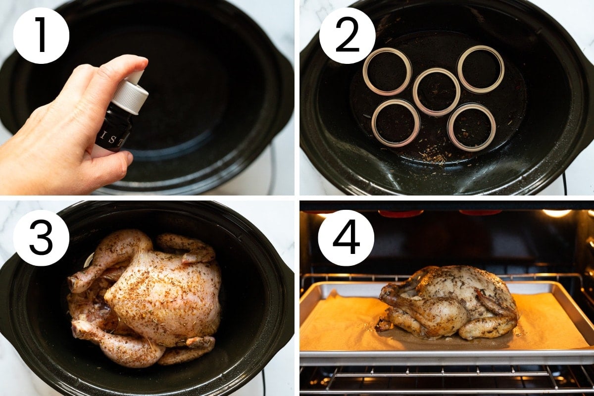 Step by step process how to cook whole chicken in crock pot and broil it afterwards.