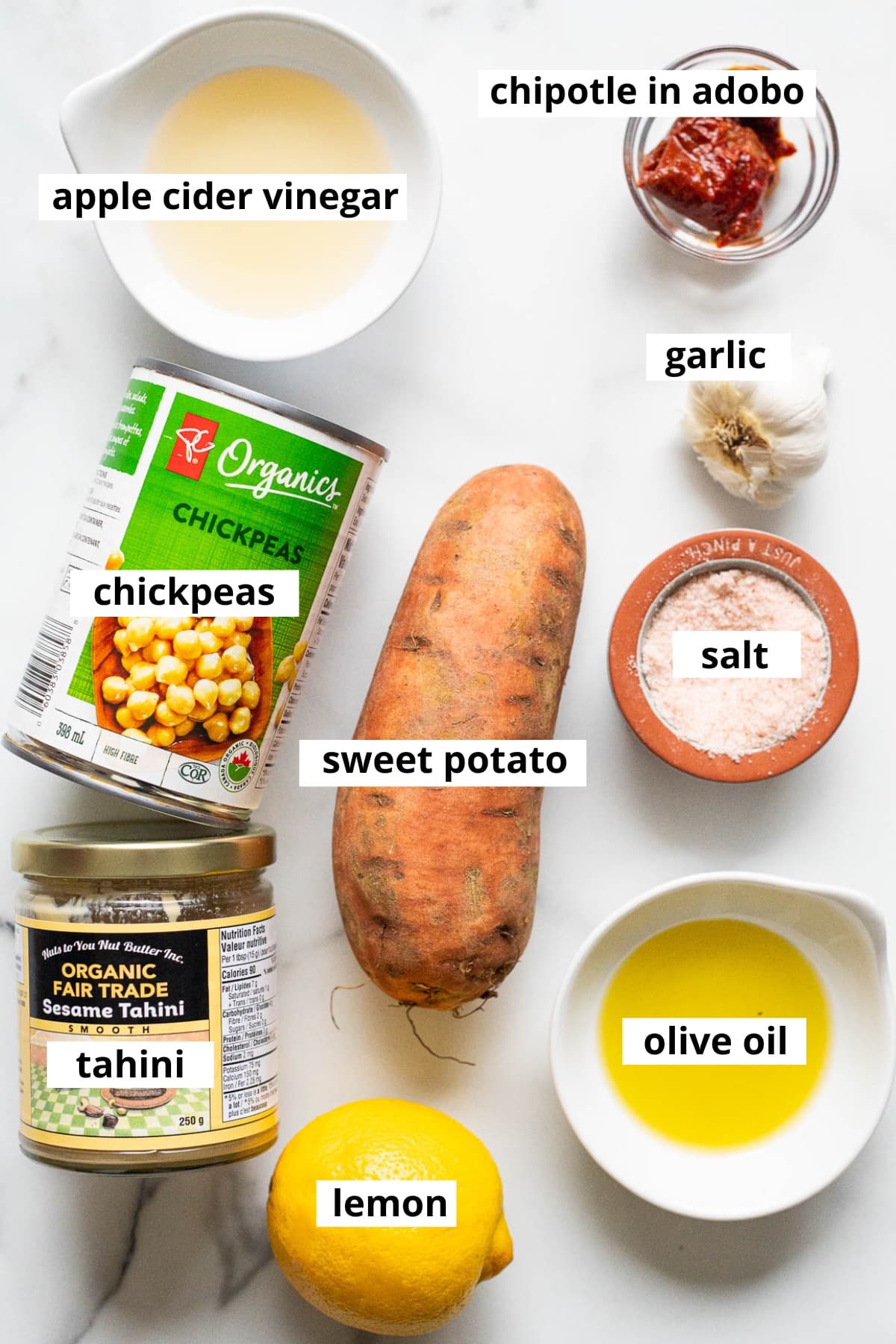 Chickpeas, sweet potato, tahini, garlic, chipotle in adobo sauce, apple cider vinegar, salt, lemon juice, olive oil.
