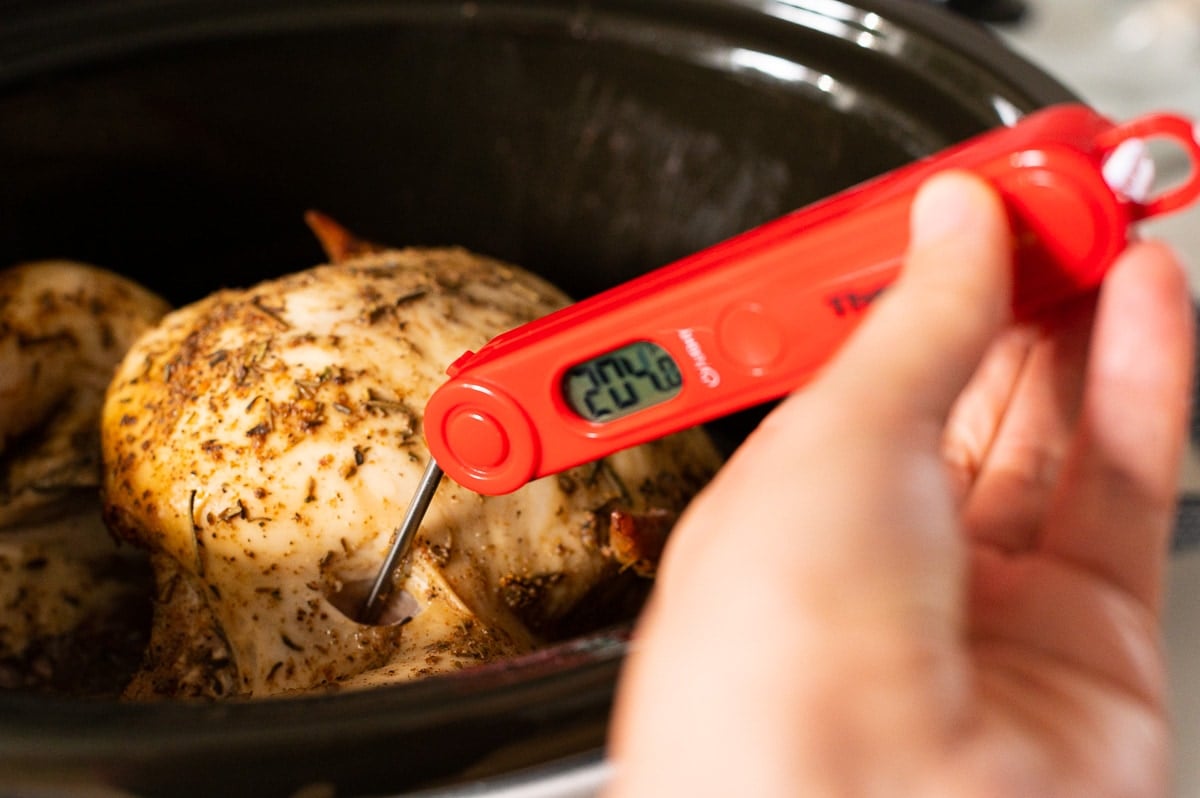 Person holding meat thermometer inserted into cooked whole chicken in a crockpot.