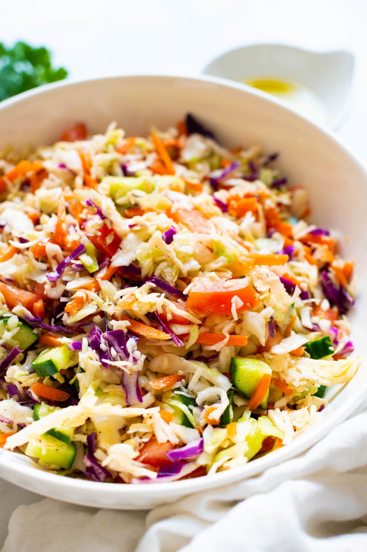 Side view on a bowl of coleslaw with red and green cabbage, carrots, tomatoes and cucumbers.