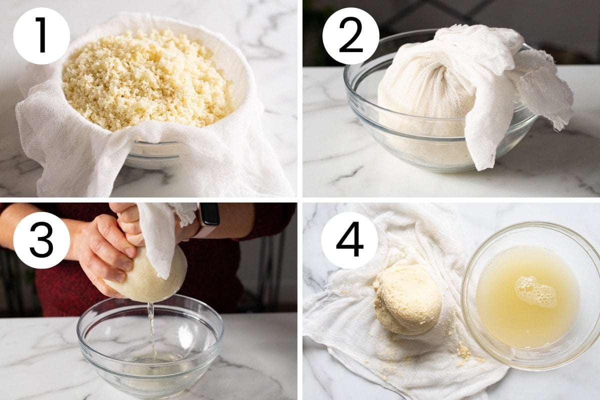 Step by step process how to squeeze water out of cooked cauliflower.
