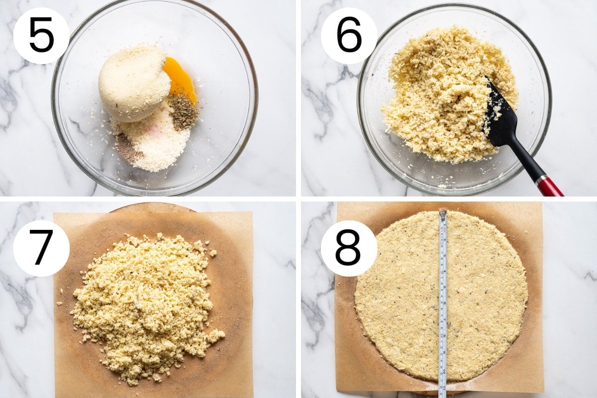 Step by step process how to shape cauliflower pizza crust before baking.