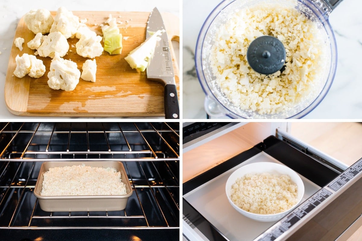 Step by step process how to make cauliflower rice and cook it in the oven or in microwave.