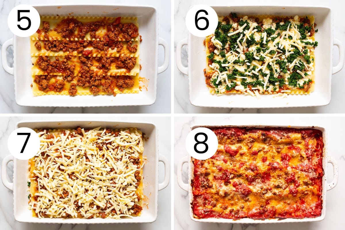 Step by step process how to layer and bake cottage cheese lasagna.