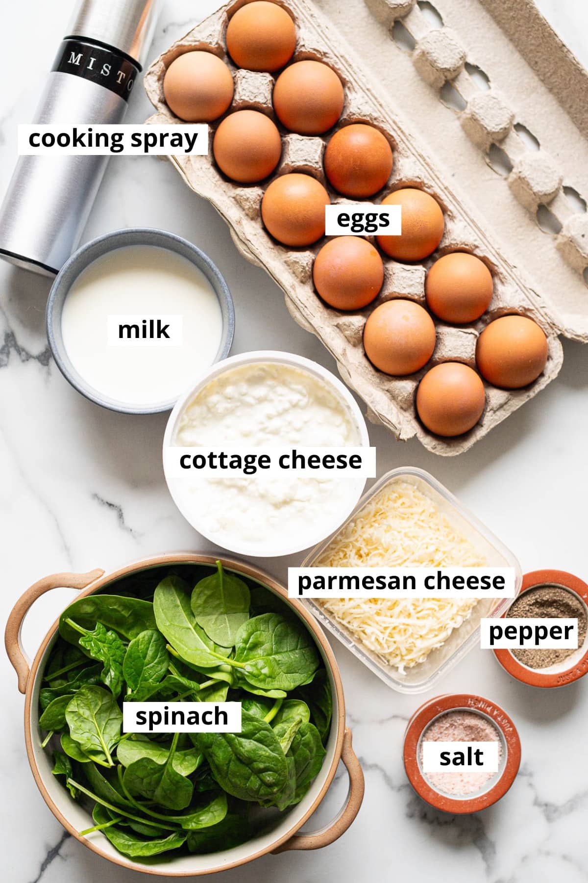 Eggs, cottage cheese, milk, parmesan cheese, cooking spray, spinach, salt and pepper.