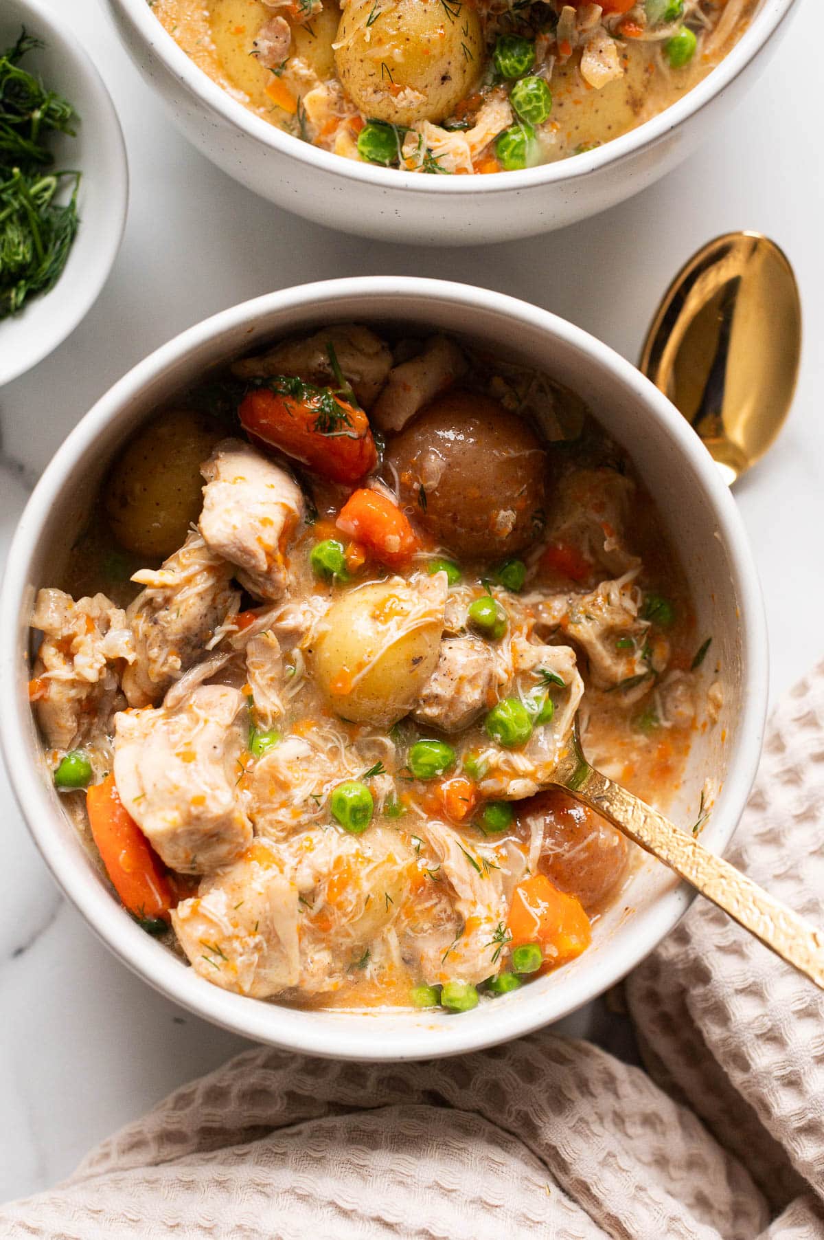 Chicken stew served in a bowl with a spoon.