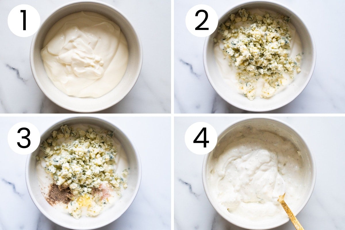 Step by step process how to make blue cheese dressing with yogurt.