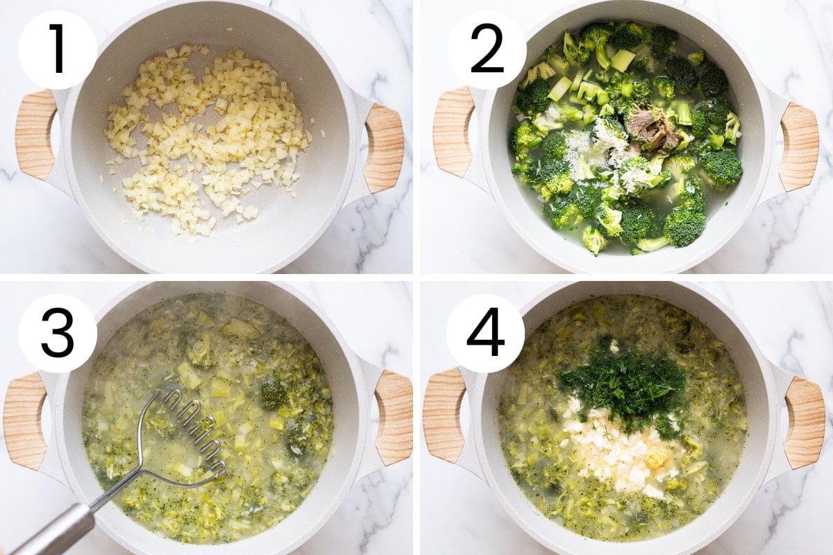 Step-by-step process how to make broccoli soup with feta cheese.