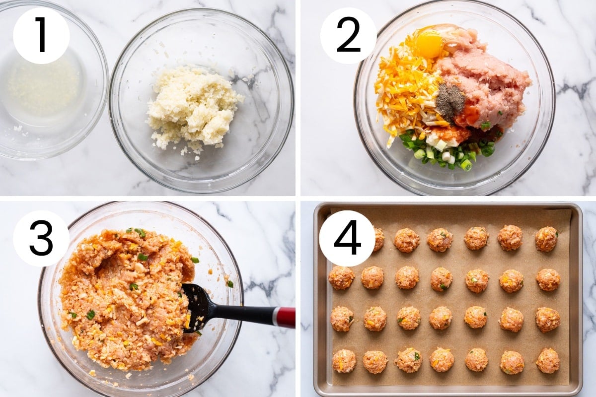 Step by step process how to make buffalo chicken bites in the oven.