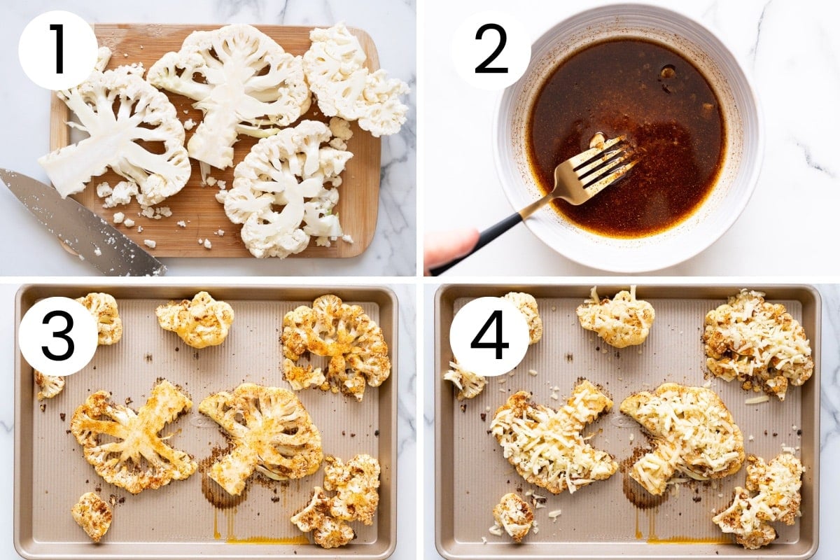 Step by step process how to cut cauliflower into steaks, season them and bake with cheese.