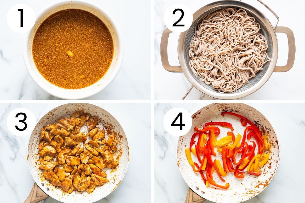 Step by step process how to make peanut sauce, cook soba noodles, pan fry chicken and bell peppers.