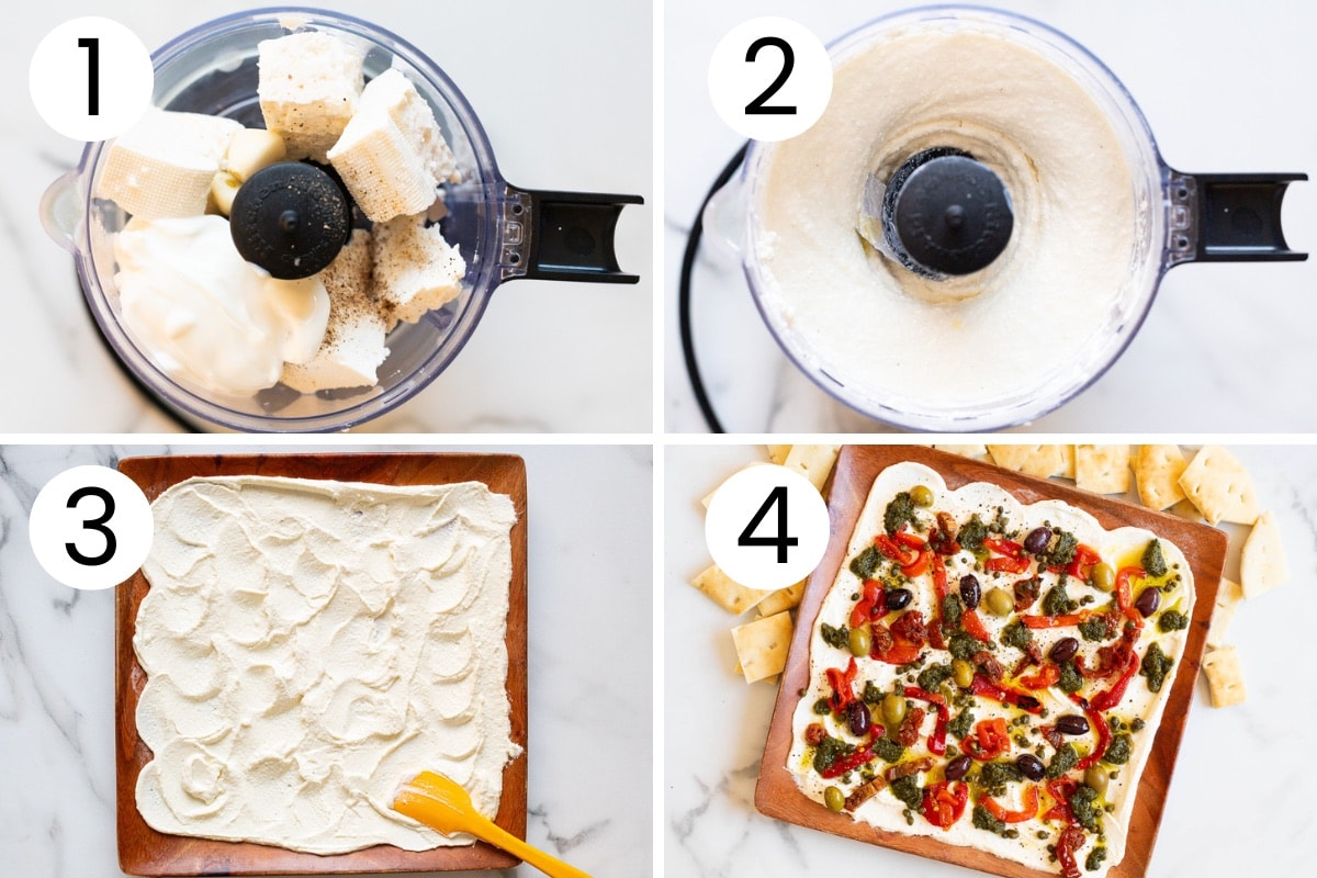 Step by step process how to make whipped feta and arrange it on a board with toppings.