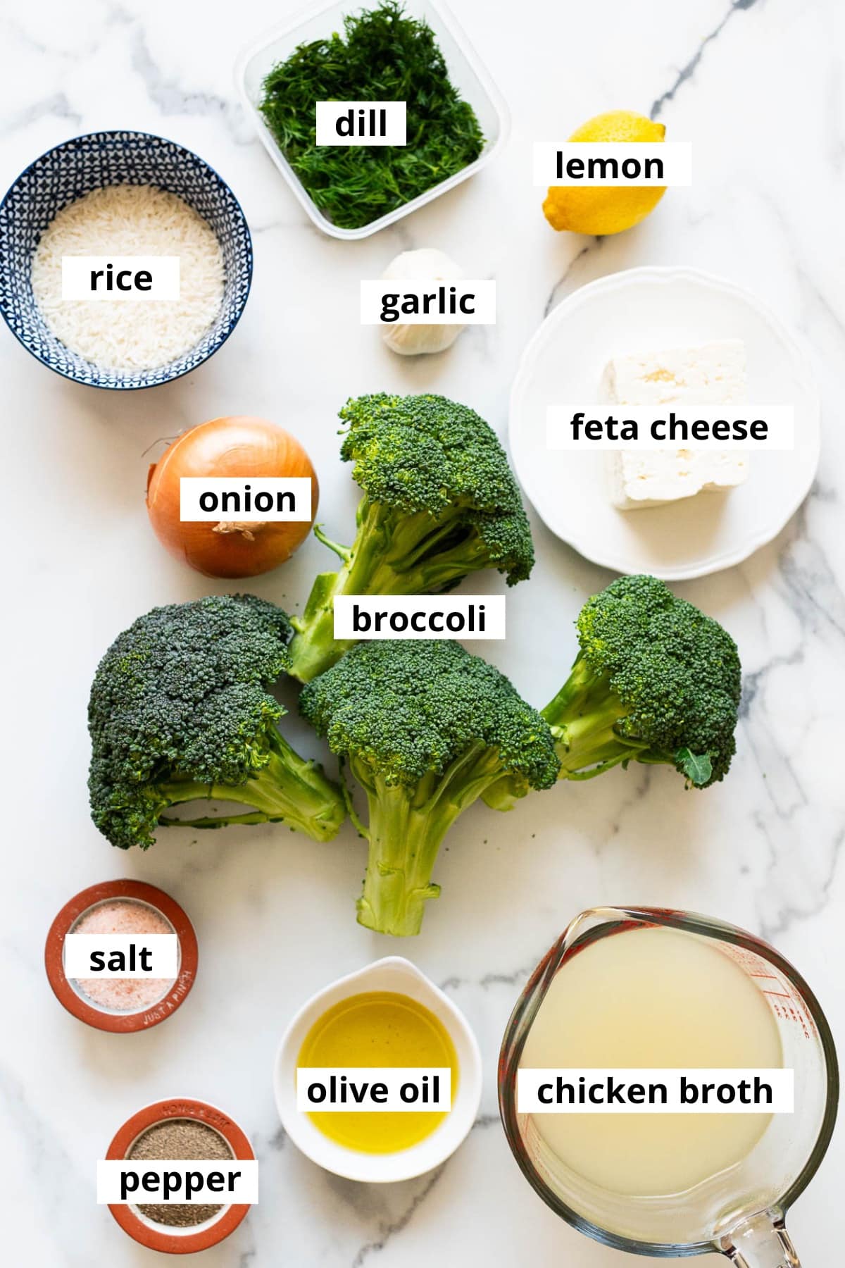 Broccoli, onion, rice, dill, lemon, garlic, feta cheese, chicken broth, olive oil, salt and pepper.