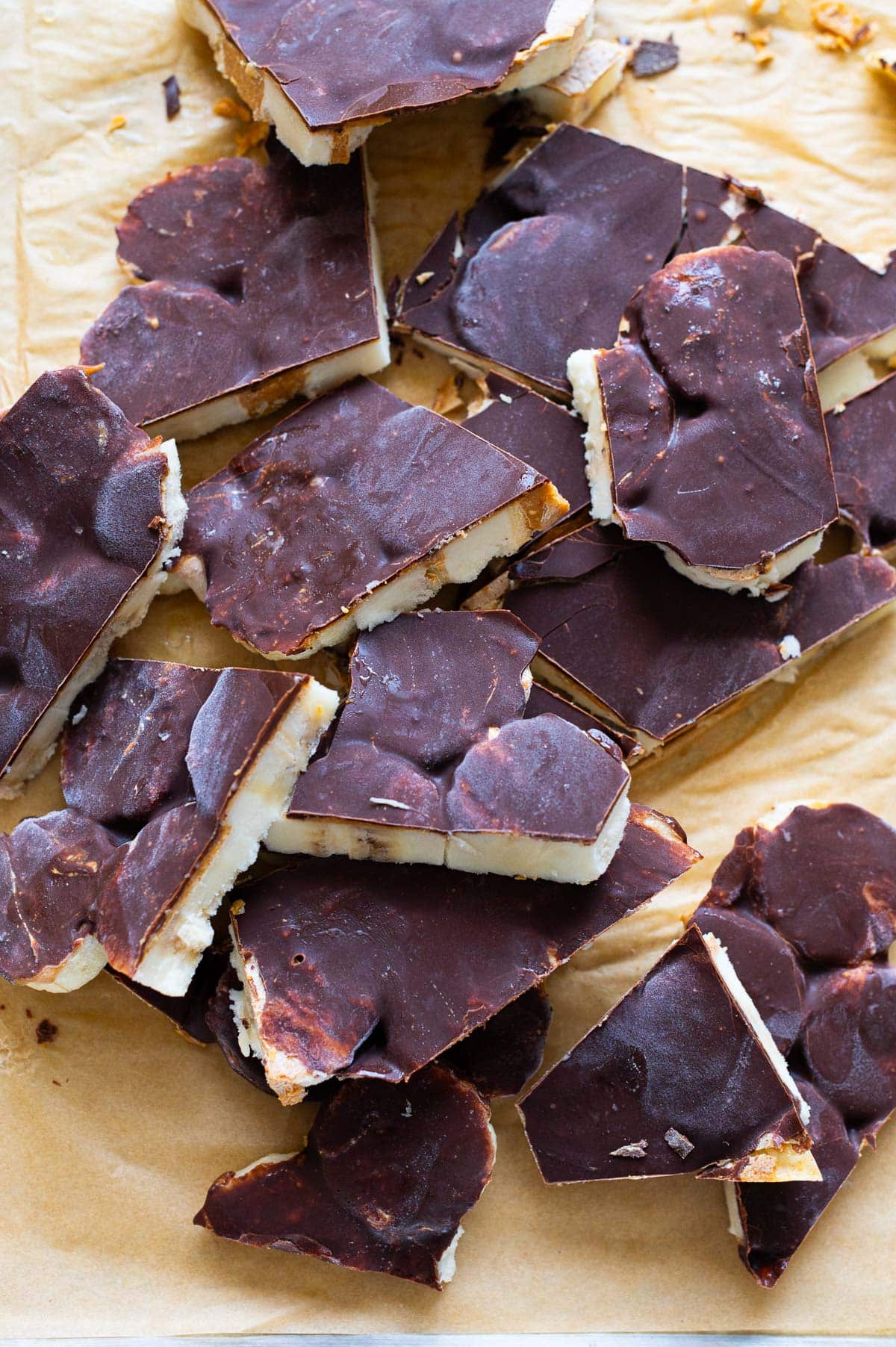 Banana bark slices on parchment paper.
