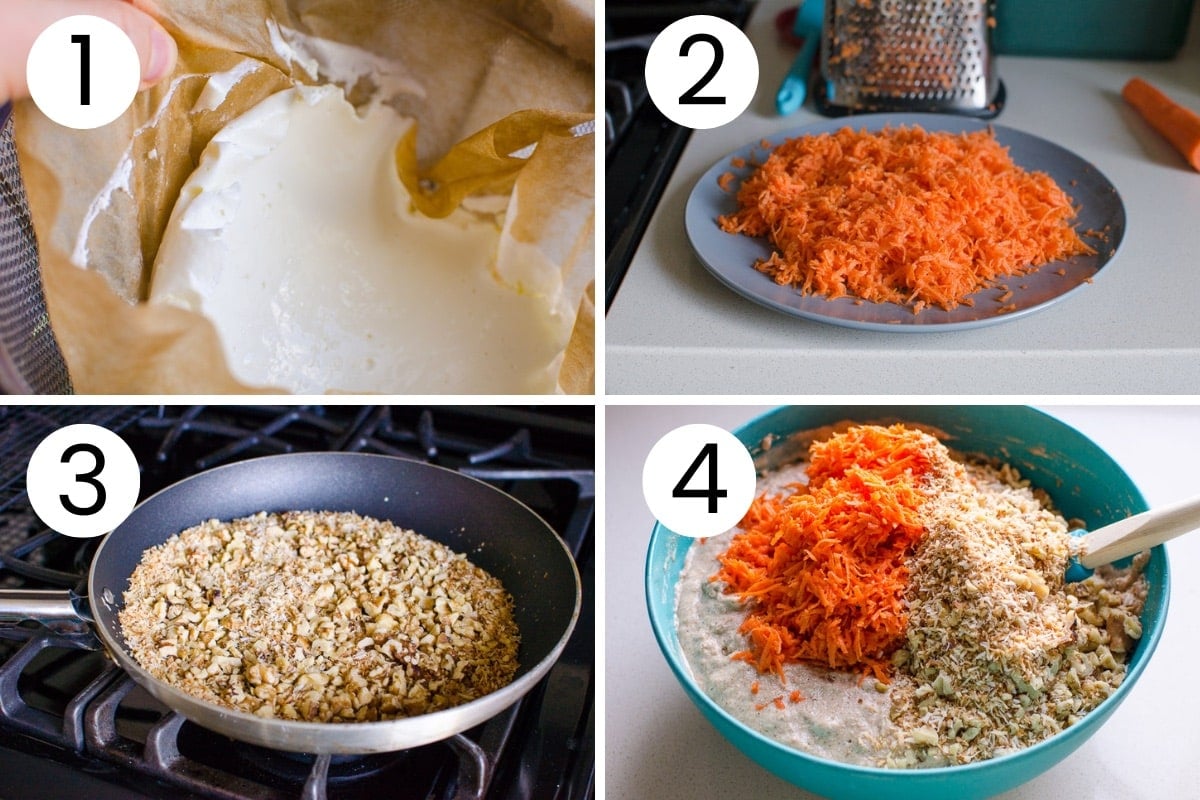 Step by step process how to prep for healthy carrot cake and make the batter.