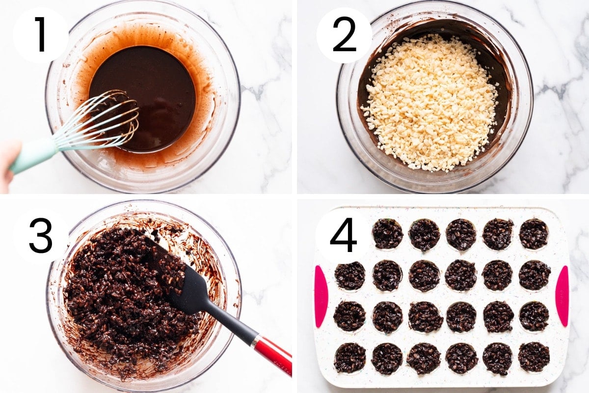 Step by step process how to make chocolate Rice Krispies treats from scratch.