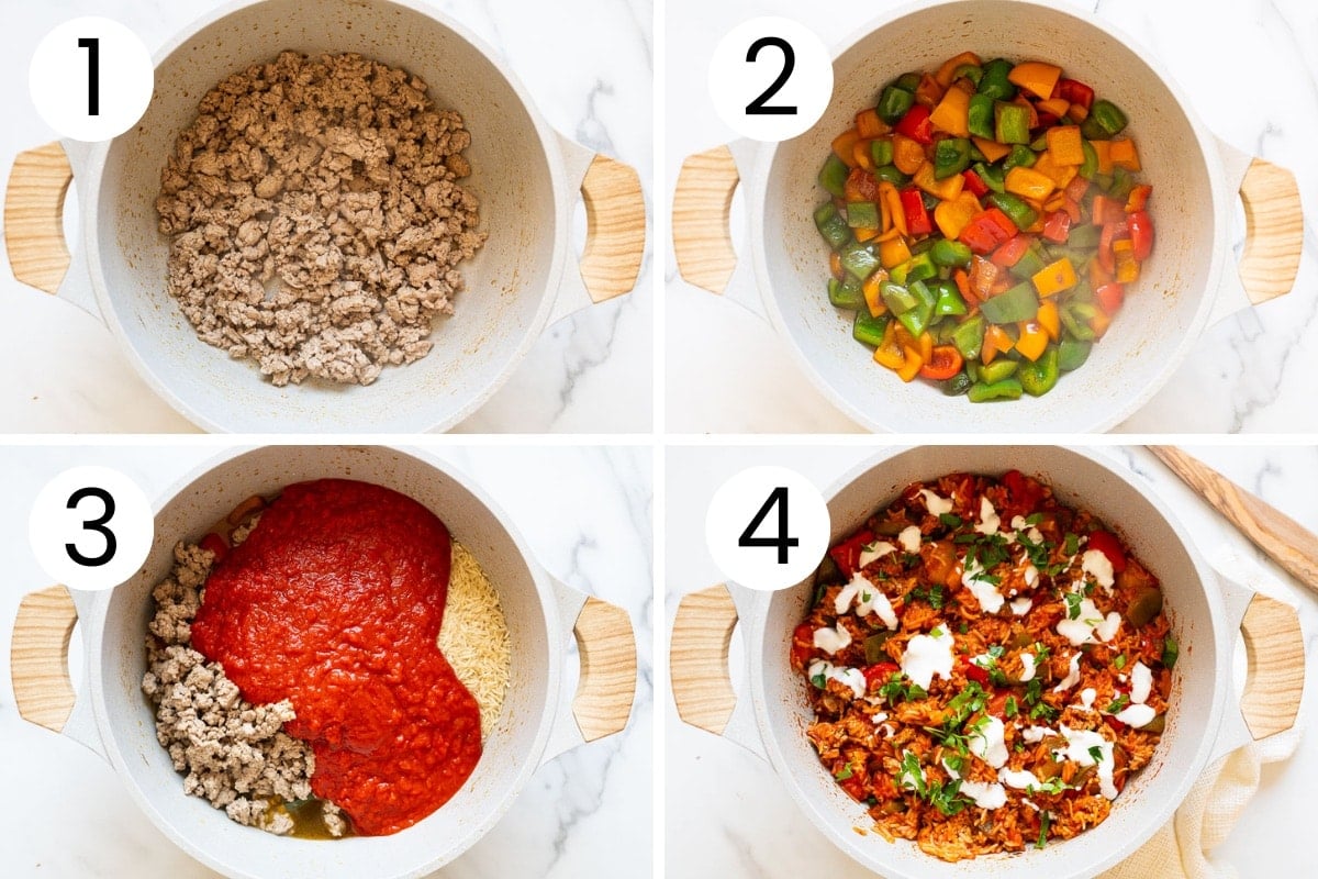 Step by step process how to make deconstructed stuffed pepper skillet.