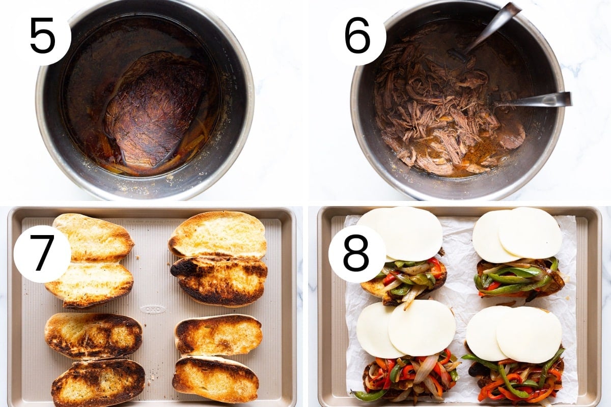 Step by step process how to make instant pot french dip sandwiches.