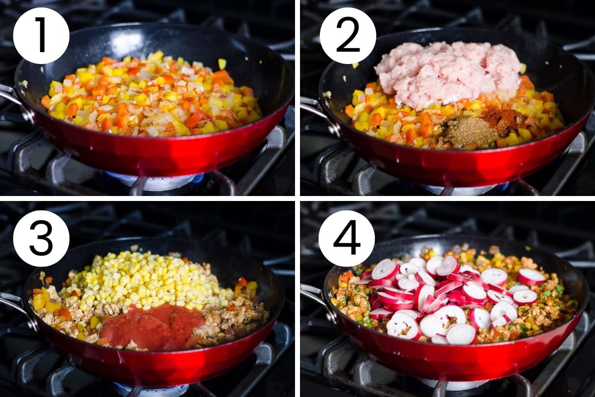 Step by step process how to make ground chicken tacos in a skillet on the stove.