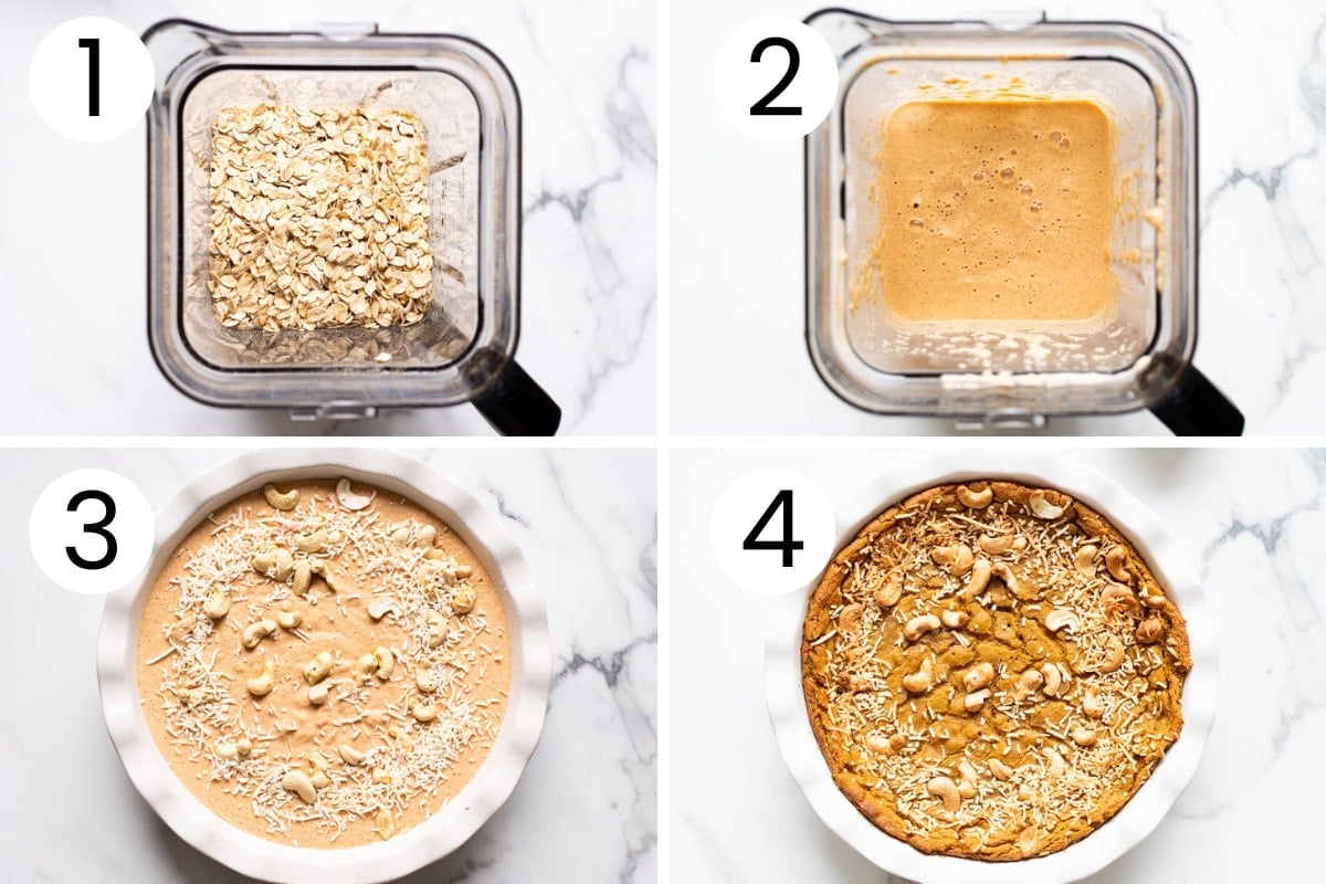Step by step process how to make healthy breakfast cake in a blender.