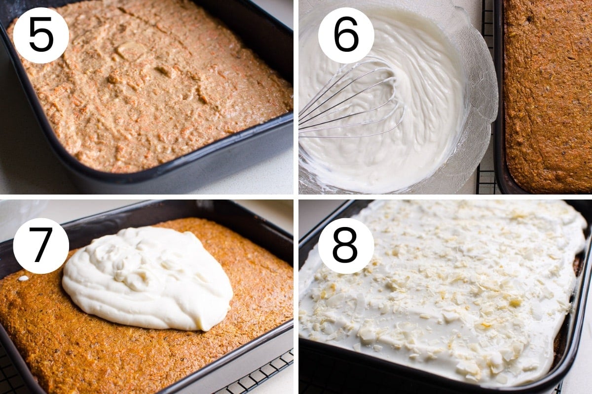 Step by step process how to bake and frost healthy carrot cake.