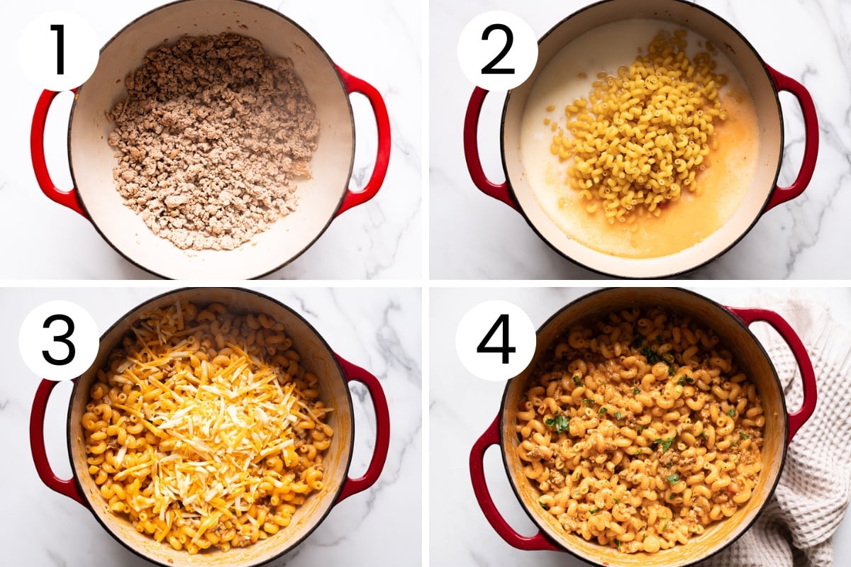 Step by step process how to make healthy Hamburger Helper in a pot.