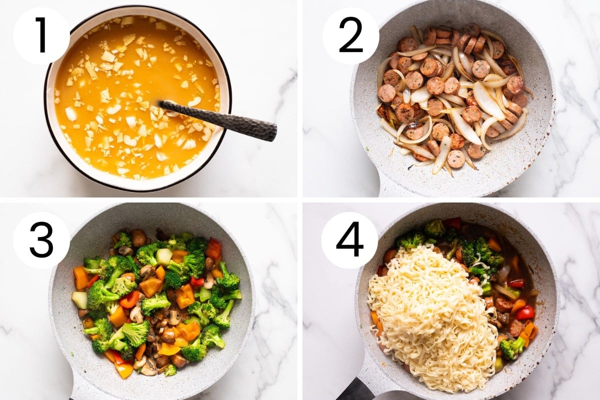 Step by step process how to make stir fry with sausage and noodles.