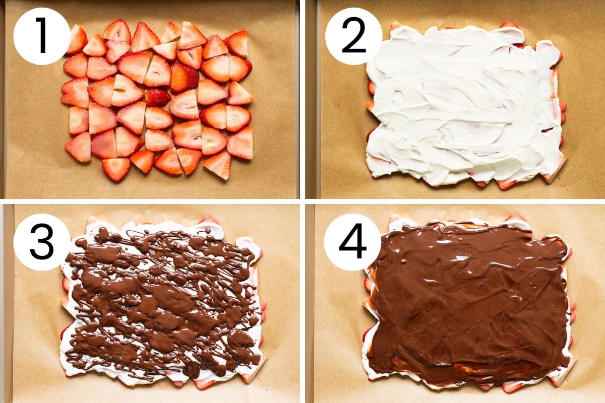 Step by step process how to make viral strawberry chocolate bark.