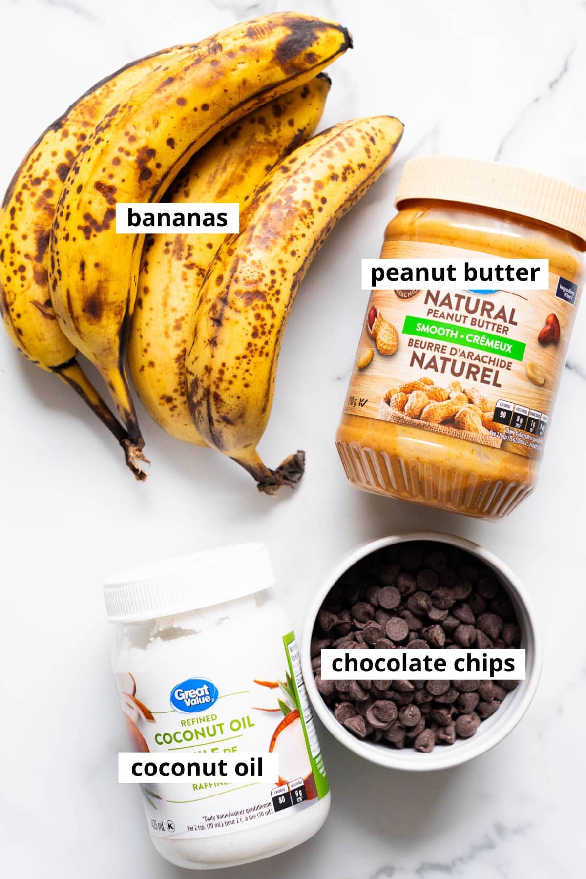 Bananas, peanut butter, chocolate chips, coconut oil.